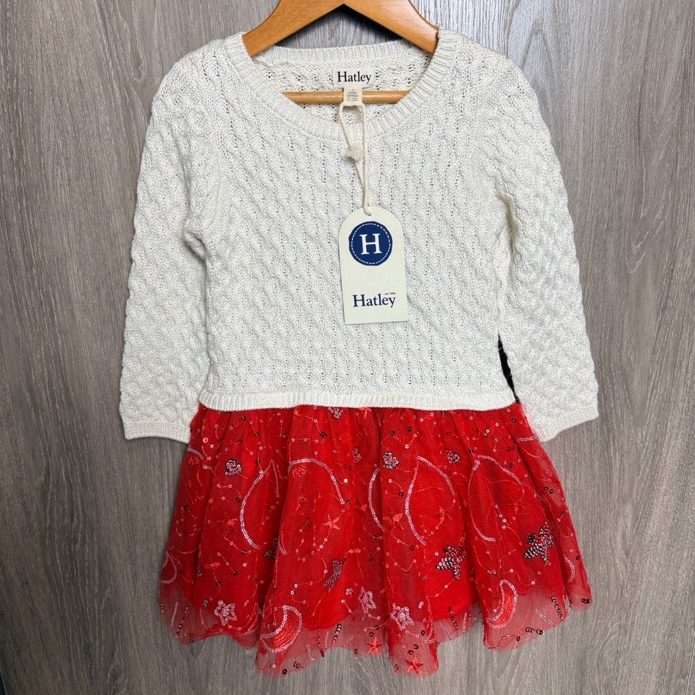 Hatley Sparkle Tulle Sweater Dress Girls 3 Red White Holiday Christmas Celestial